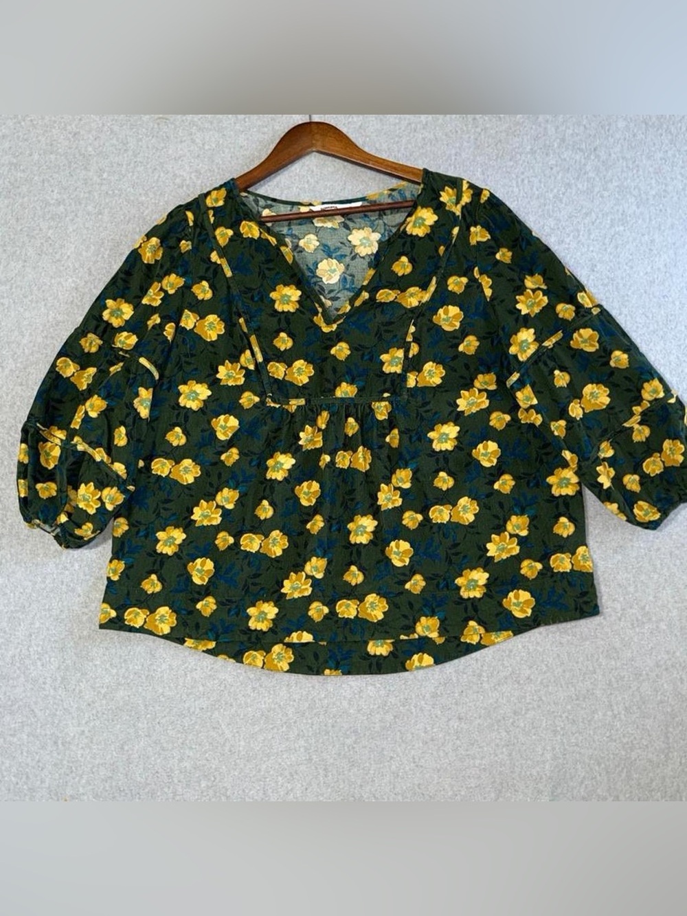 Green Yellow Floral Cotton 3/4 Sleeve Peasant Blouse 0X Cottagecore Boho